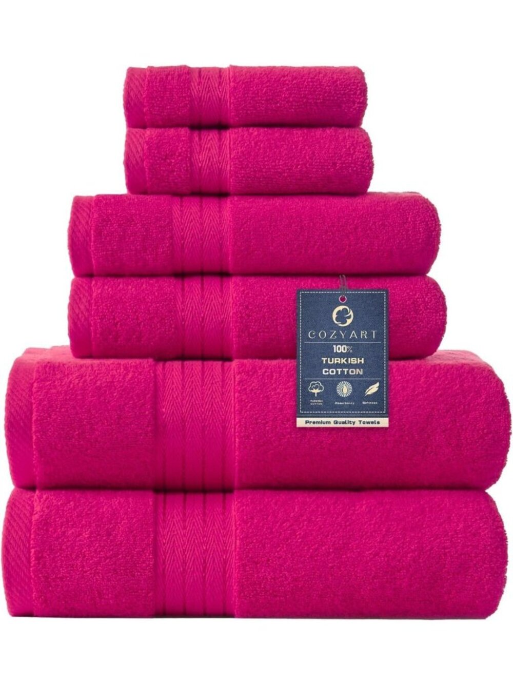 Luxury 6-Piece Bath Towel Set, Hot Pink 100% Turkish Cotton, Soft & Absorbent